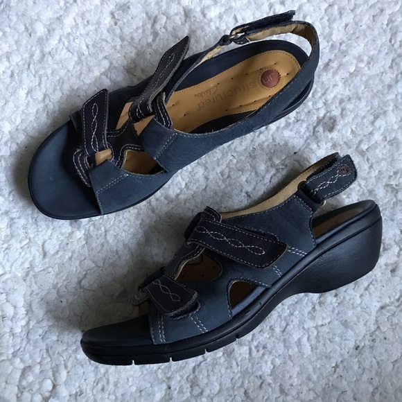 Clarks Unstructured Navy Suede and Metallic Purple Sandals Size 9N - Picture 12 of 12